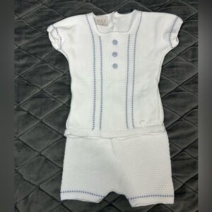 Paz Rodriguez White & Light Blue Knitted Cotton baby set